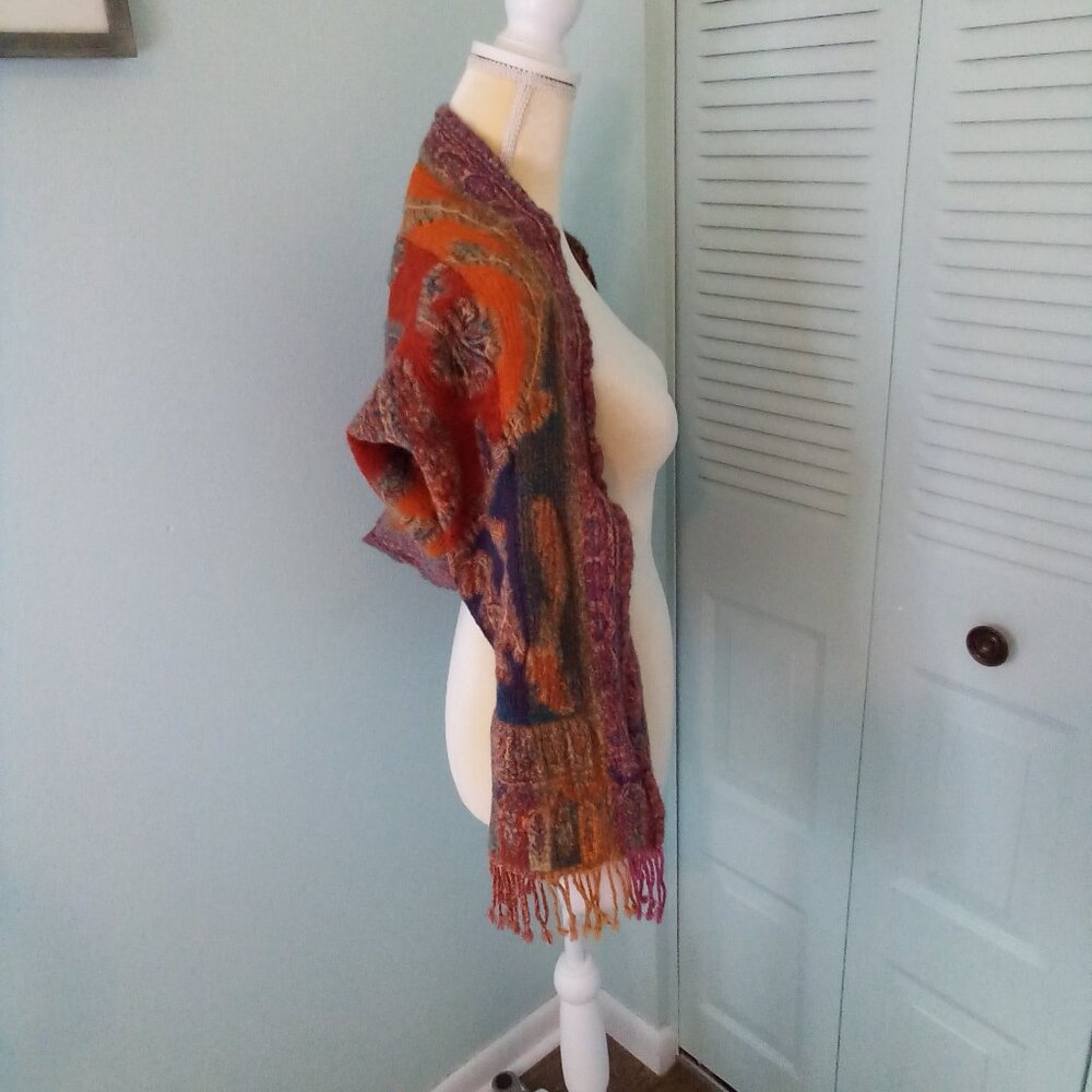 VTG PUTUMAYO 100% WOOL MADE IN INDIA PAISLEY BOHO SHAWL FRINGE ARM HOLES CRINKLE - Picture 6 of 8